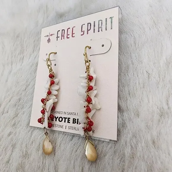 NEW Peyote Bird Free Spirit Gold Chain Red Spiral Earrings with Shell Accents - Picture 3 of 8